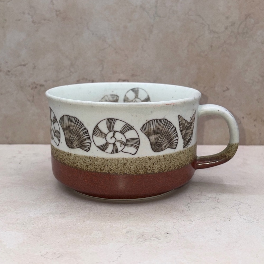 1970's Speckled Otagiri Stoneware Soup Cup Seashells With Stickers 16 fl oz